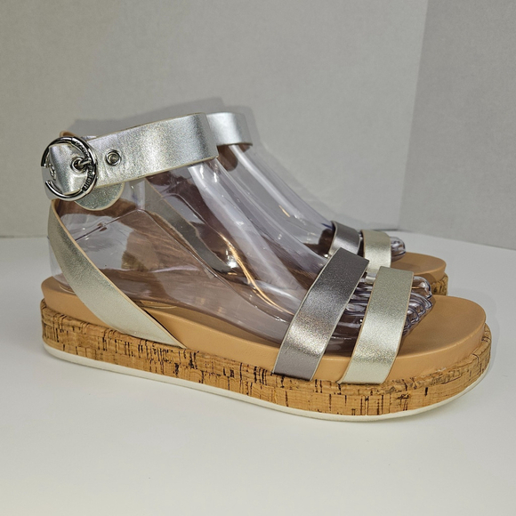 Marc Fisher Verily 8 WIDE Silver Multi Leather Cork Low Platform Sandal Metallic - Picture 3 of 16